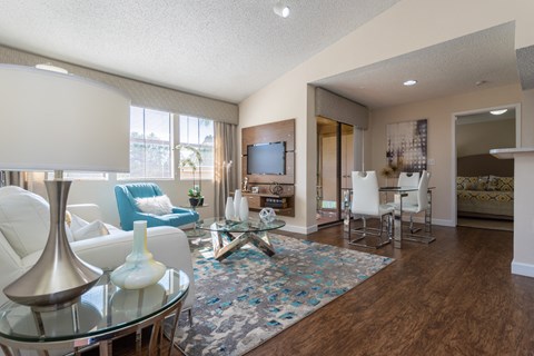 a living room with a couch and a table and a television